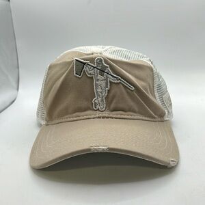 Looper SnapBack Baseball Cap Hat Tan White Tom Ord Golf Distressed Trucker